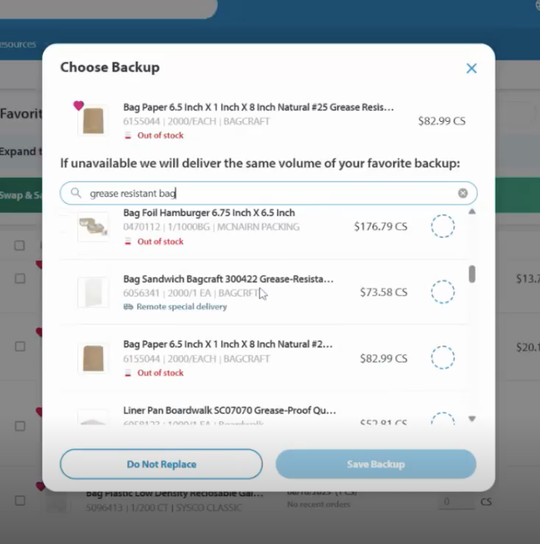 Bug showing out of stock items in backup selection